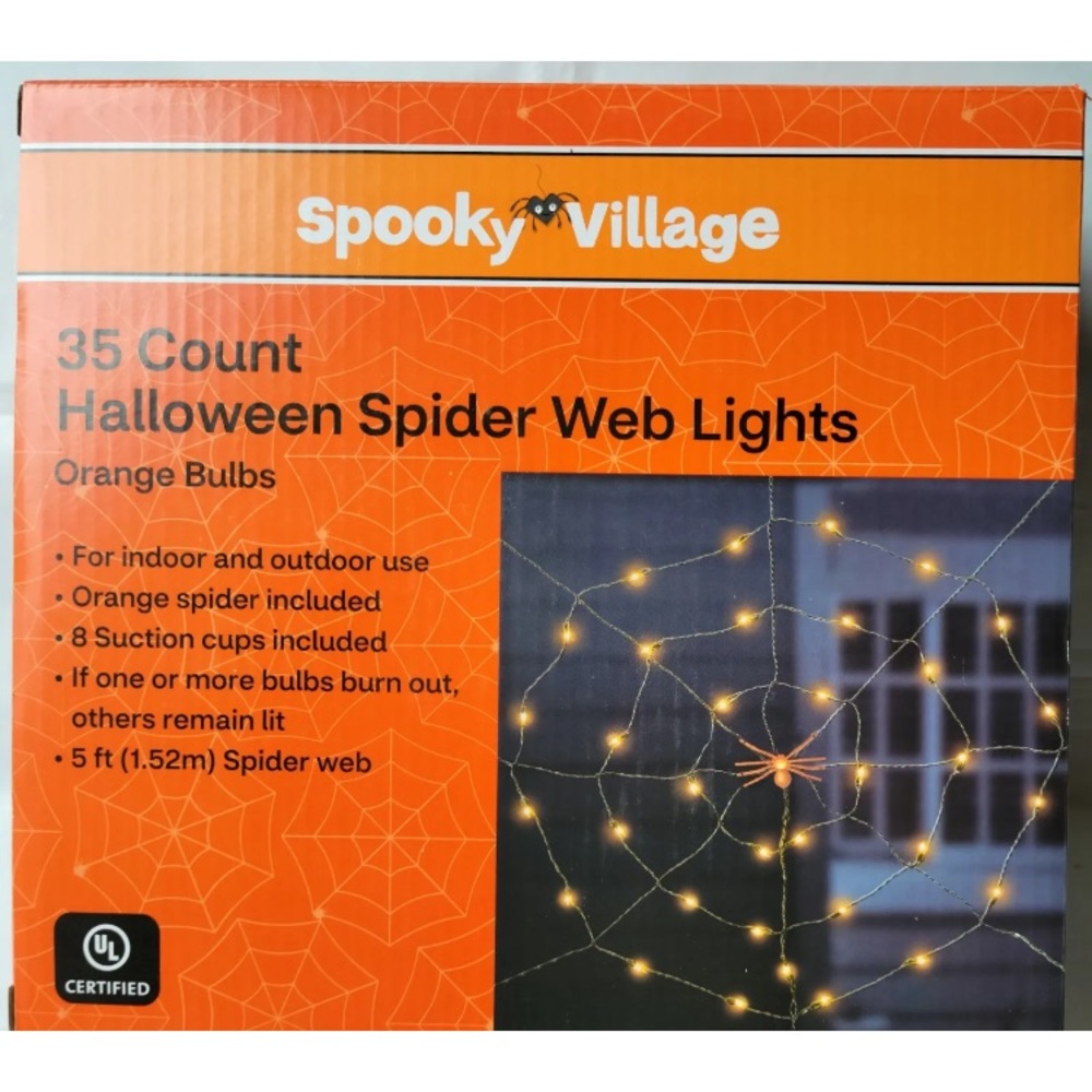 Spooky Village Halloween 5ft Spider Web with 35ct Orange Lights
